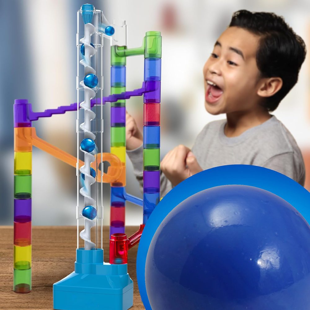 A marble run built from construction pieces